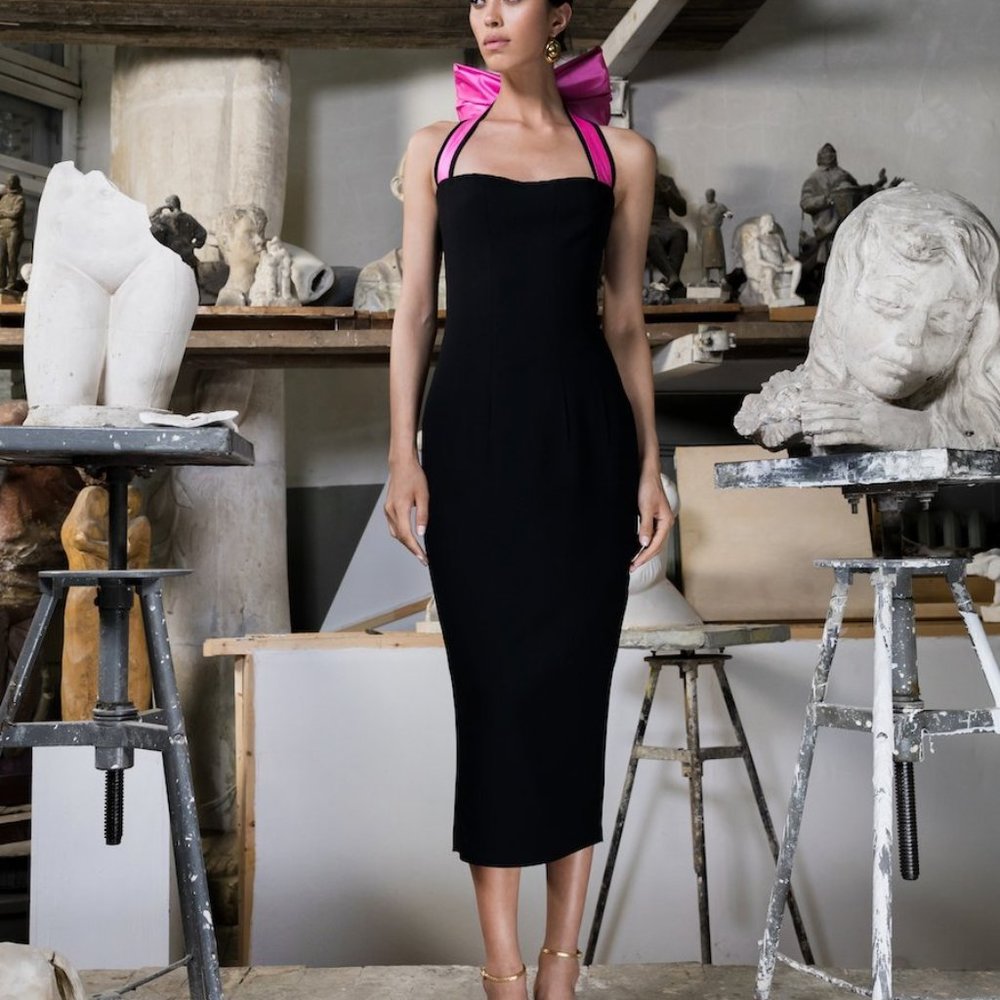 NWT Rasario Silk and Crepe Bow Midi Dress
